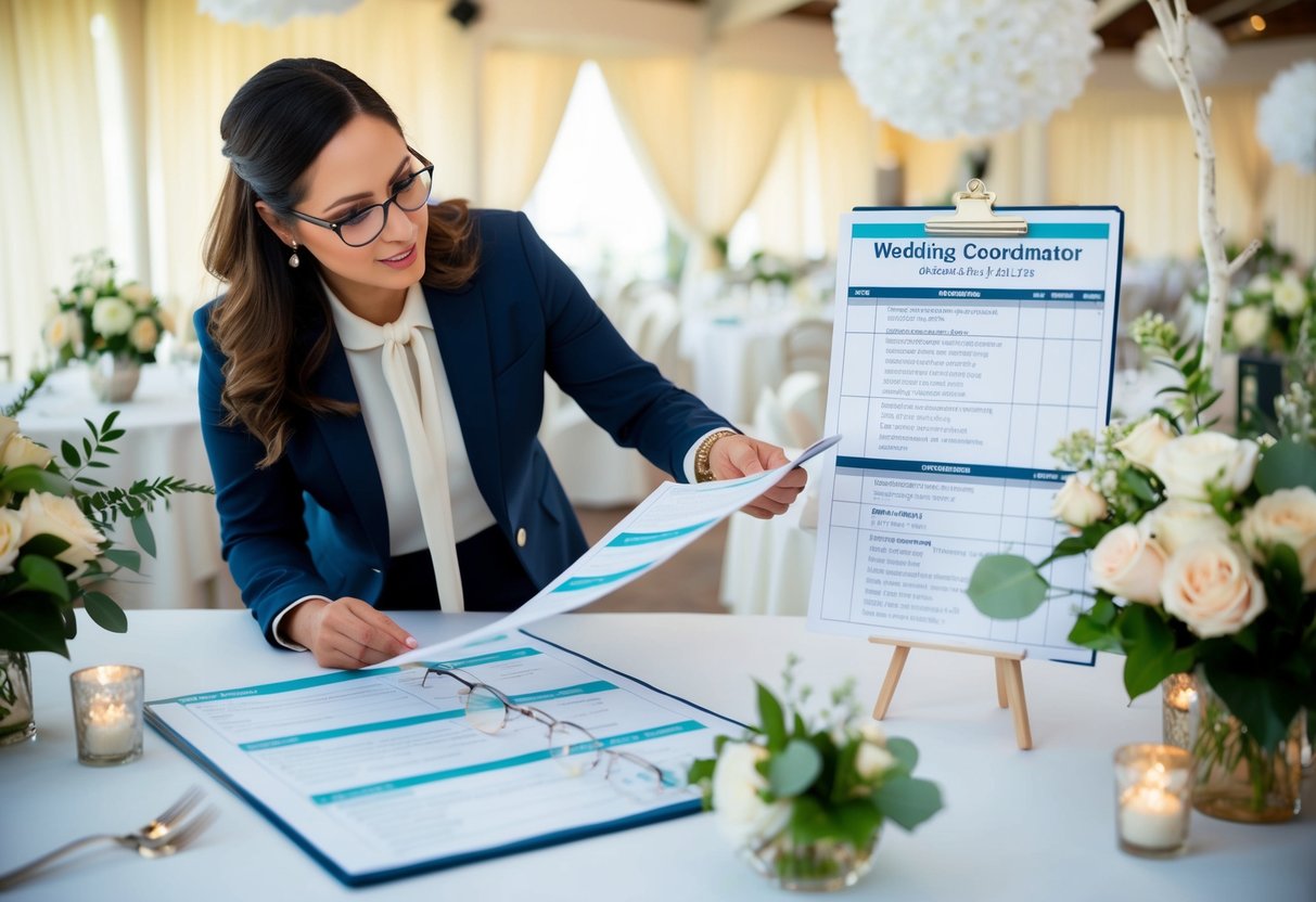 coordinator reviewing printed wedding timeline and vendor contracts