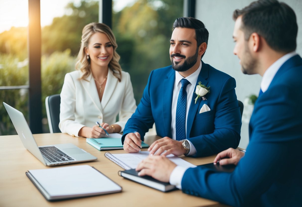 engaged couple meeting wedding planner at a table with calendar and notebook