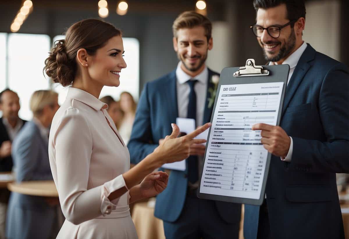 wedding coordinator with clipboard directing vendors at ceremony