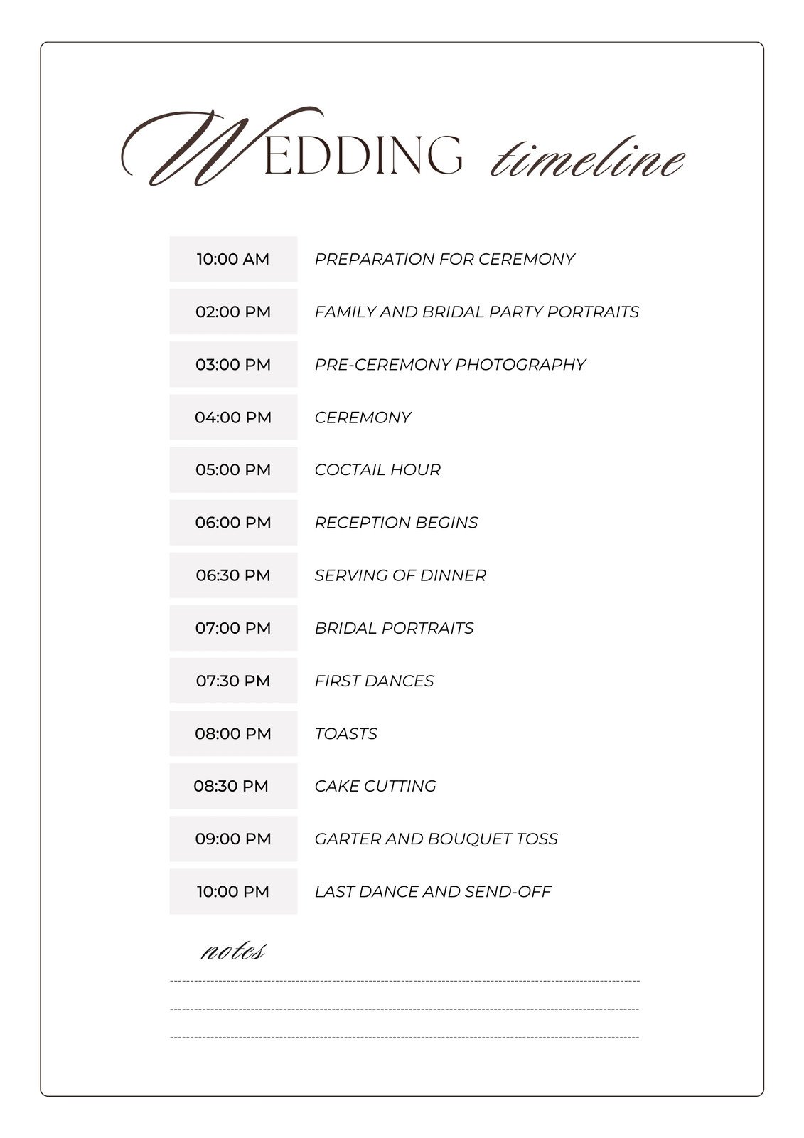 wedding day timeline document on clipboard