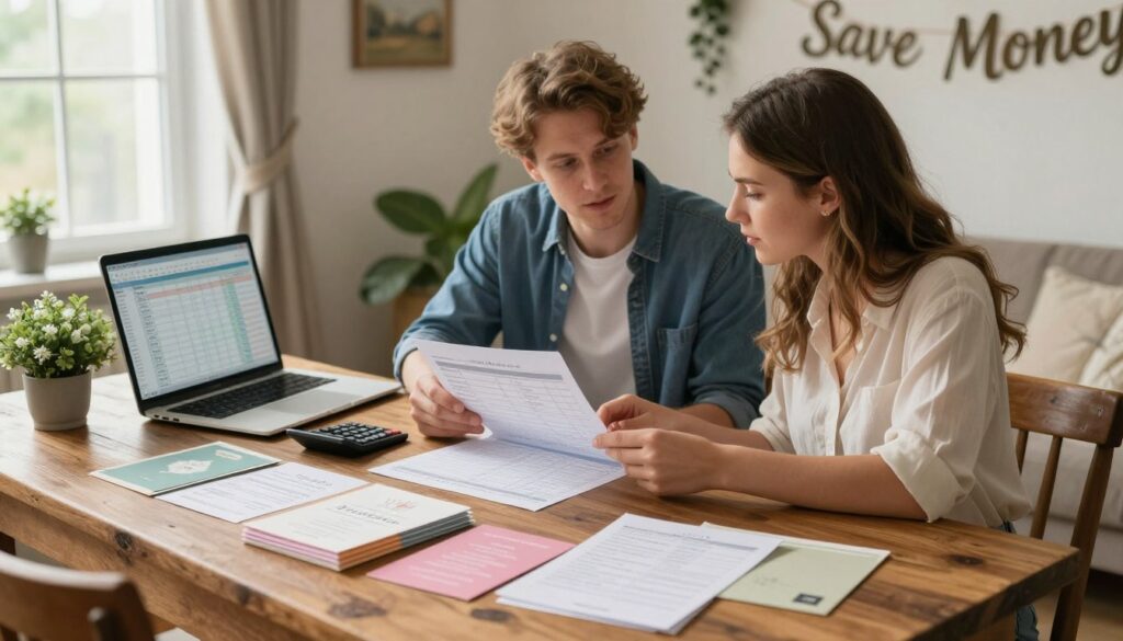 wedding planner reviewing budget on laptop with binder