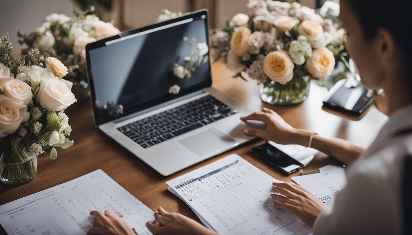 wedding planner reviewing pricing spreadsheet at desk with laptop