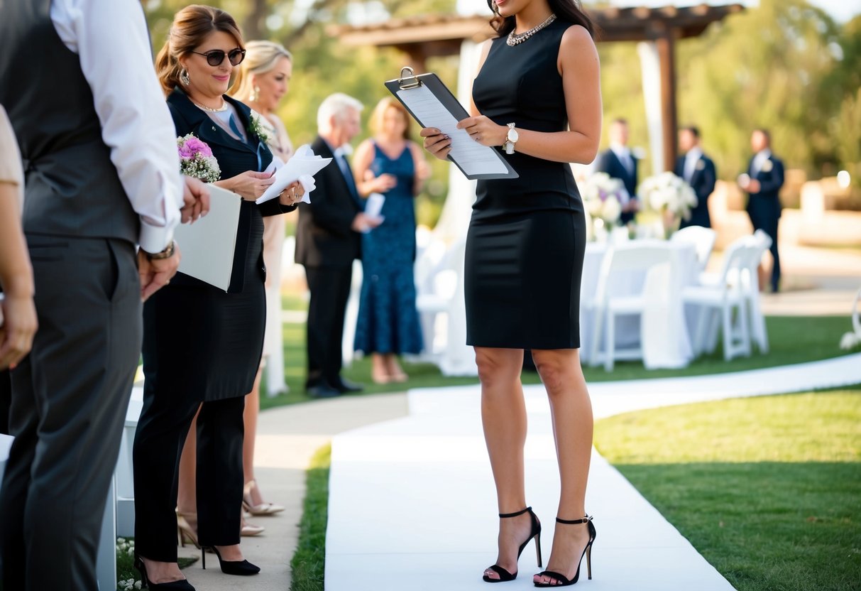 wedding planner with clipboard coordinating vendors at outdoor venue