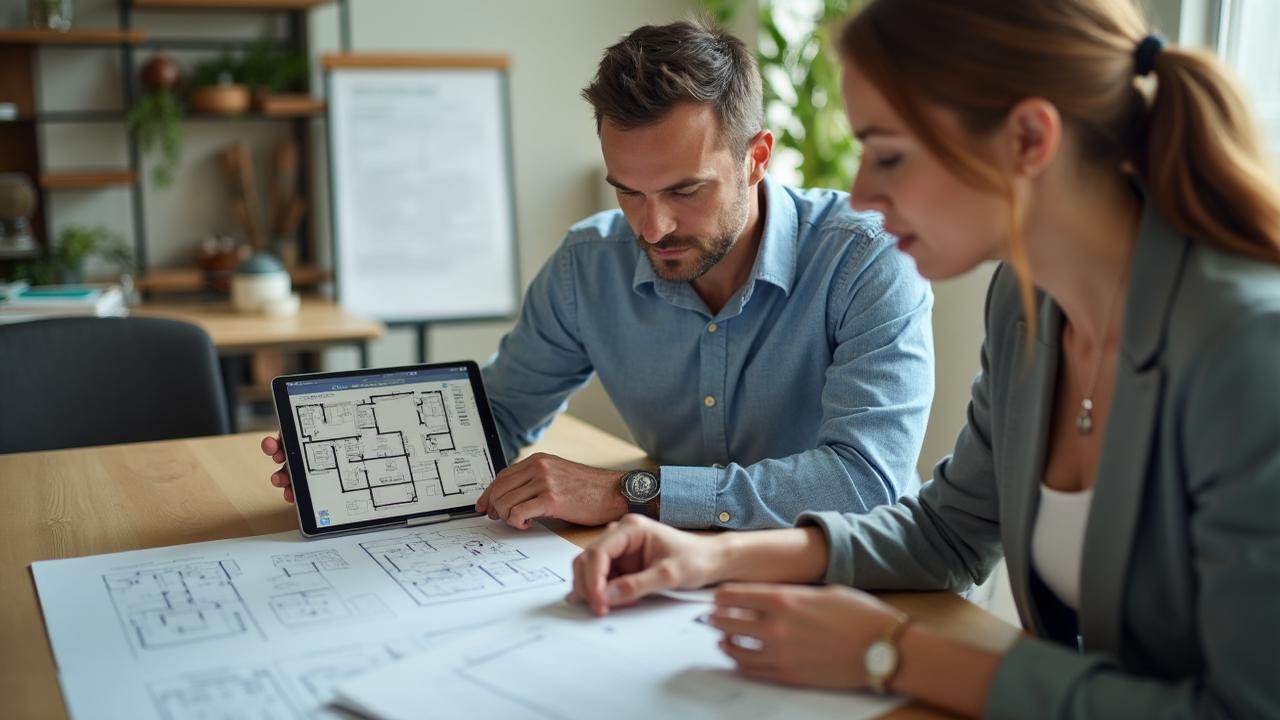 coordinators reviewing wedding floor plan indoors