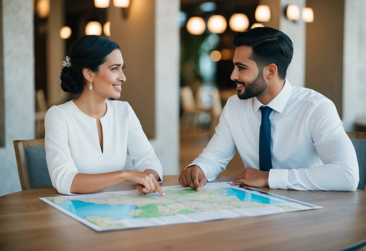 couple discussing wedding budget with planner outdoors