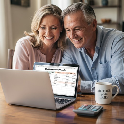 couple reviewing wedding budget spreadsheet at kitchen table