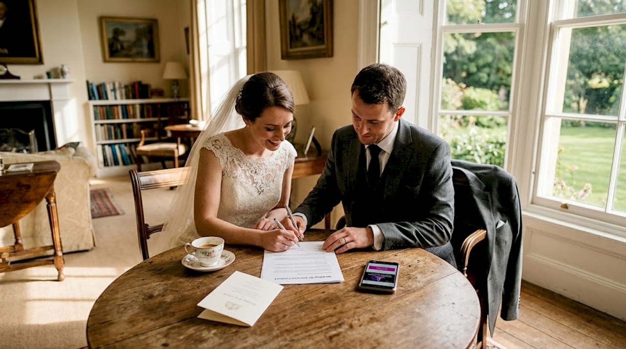 couple reviewing wedding contract at kitchen table