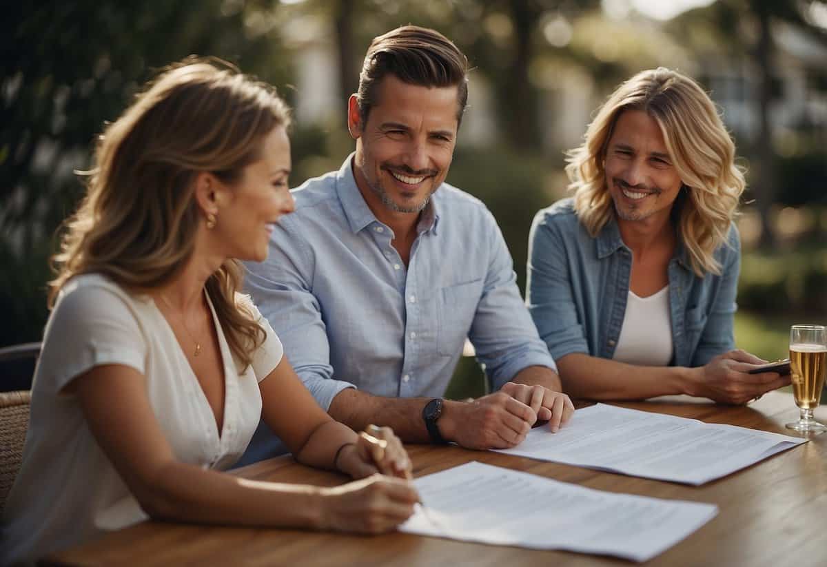 couple reviewing wedding planner contract at kitchen table