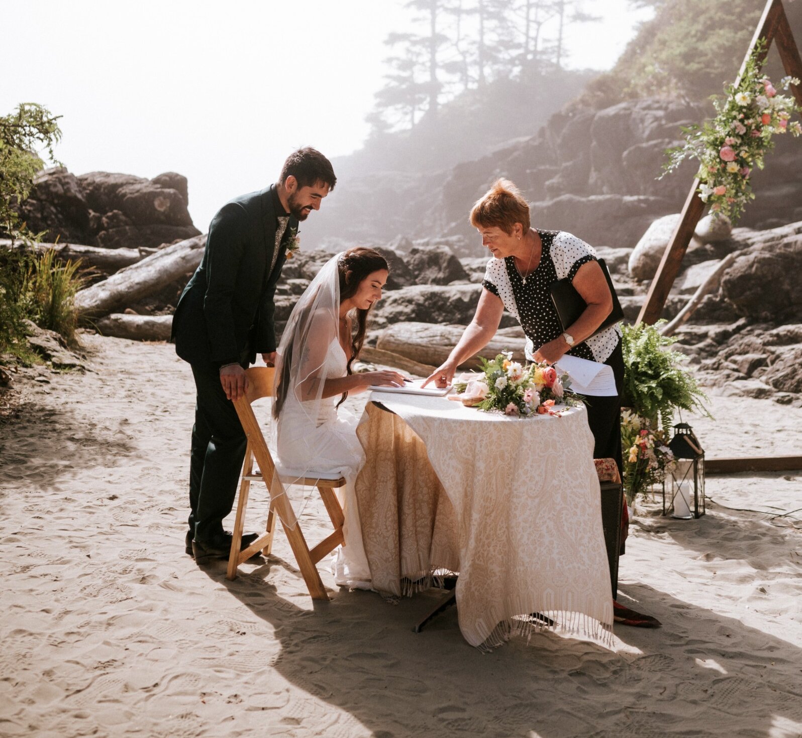 couple signing wedding planner contract at table