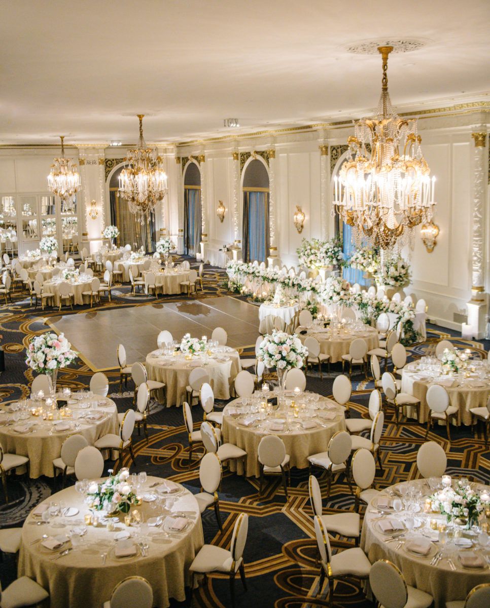 elegant wedding venue ballroom set up for reception