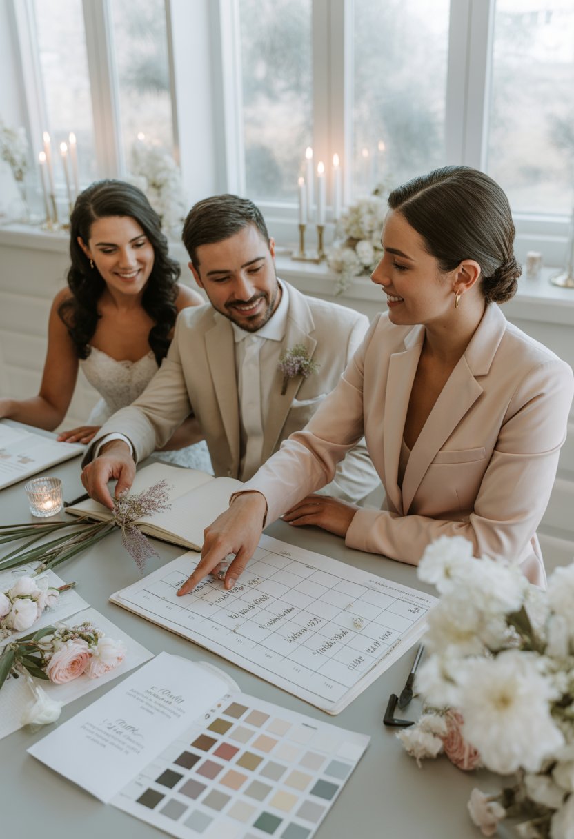 planner reviewing multi-day wedding timeline with couple