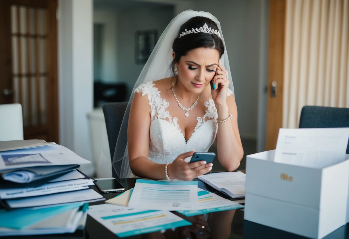 stressed wedding planner checking phone at desk