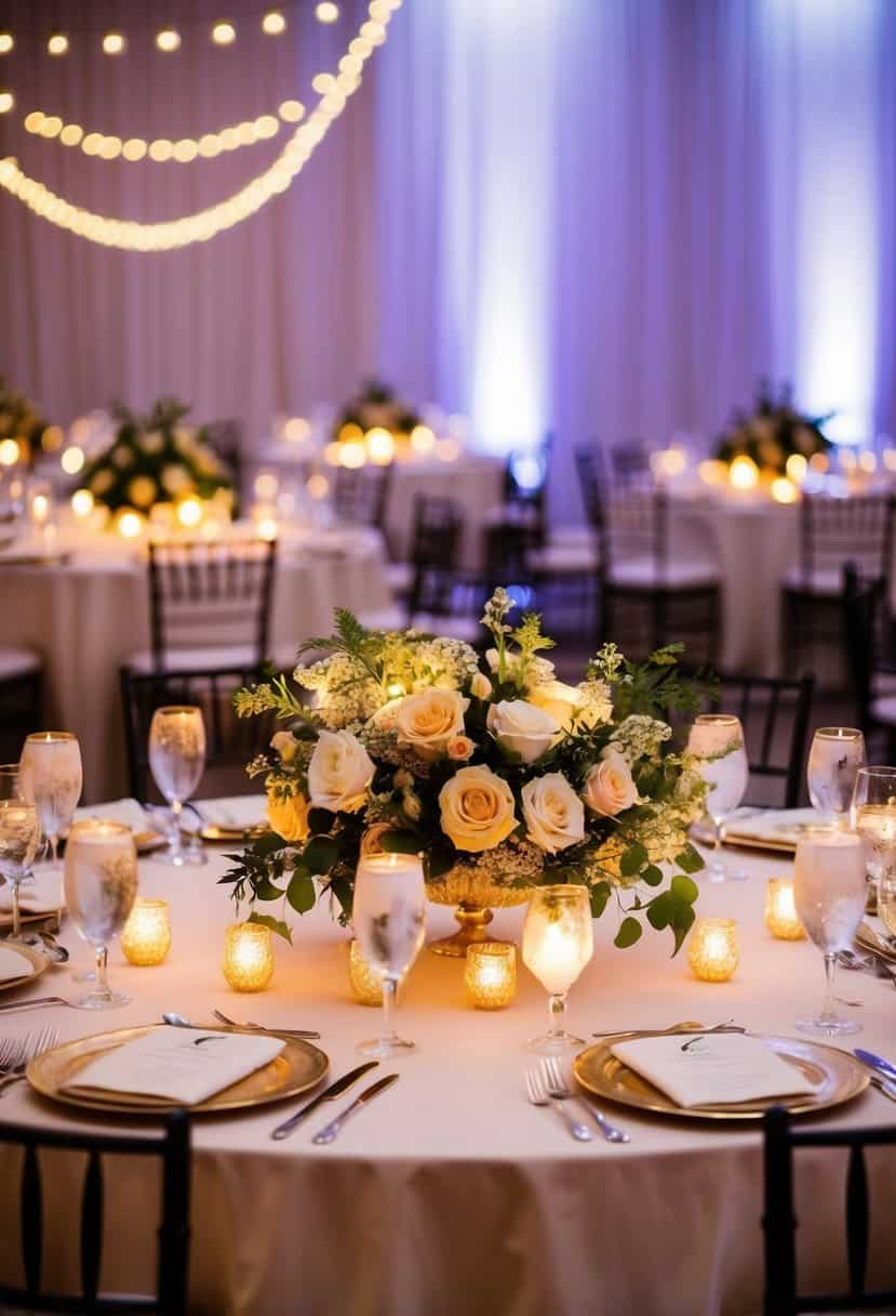 styled wedding reception with lighting and floral centerpieces