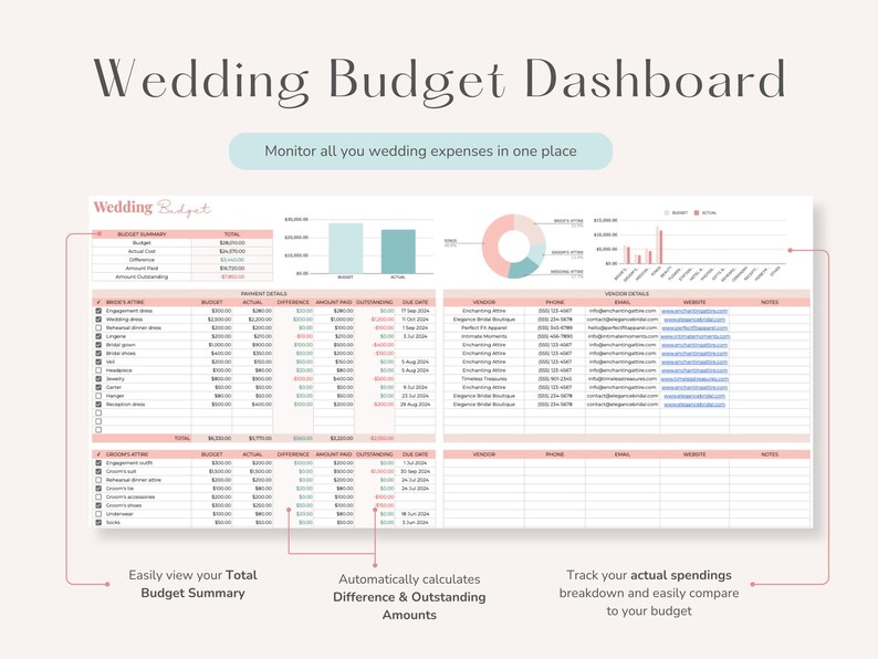 wedding budget spreadsheet with itemized vendor line items