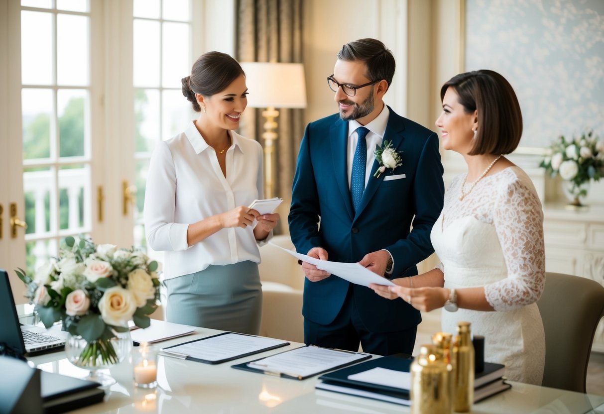 wedding planner and couple discussing package options at a desk