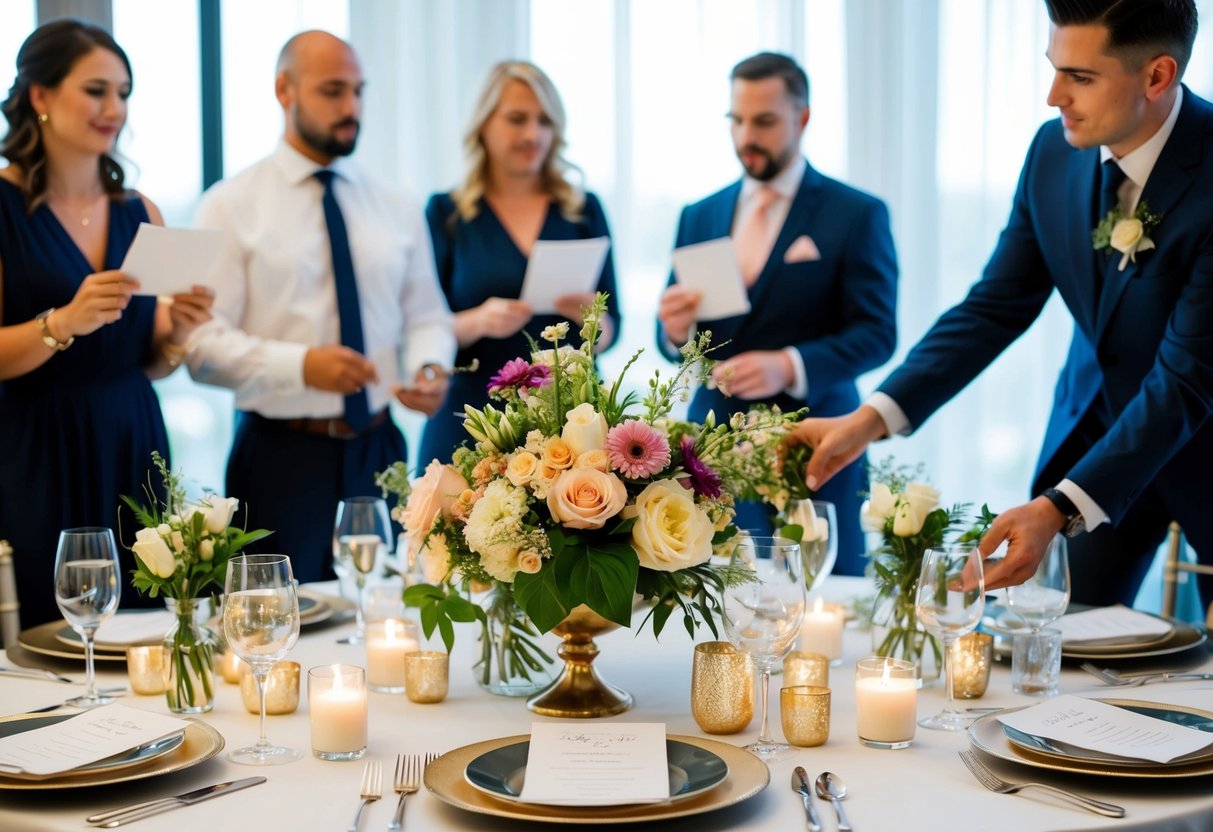 wedding planner on phone coordinating with florist and caterer during venue setup