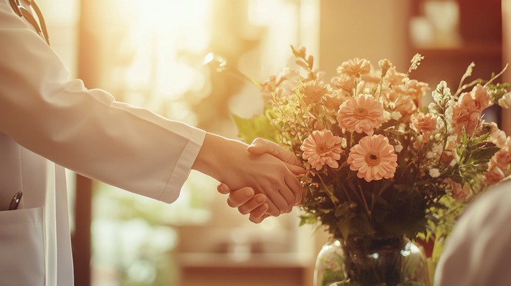 wedding planner shaking hands with florist in studio