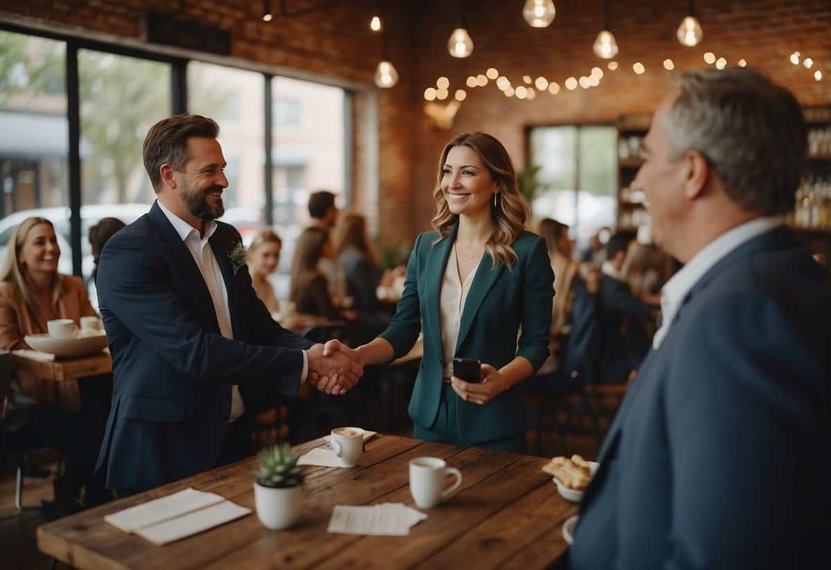 wedding planner shaking hands with venue coordinator