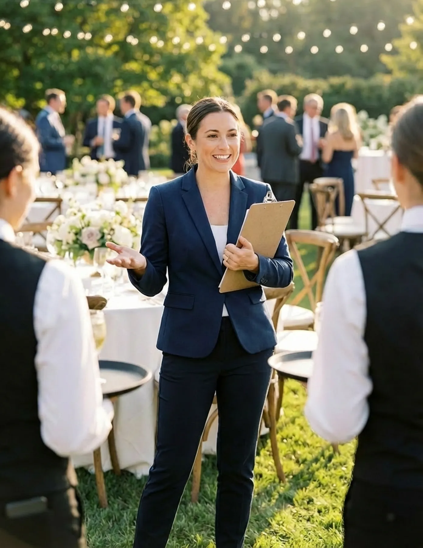 wedding planner with clipboard coordinating outdoor ceremony