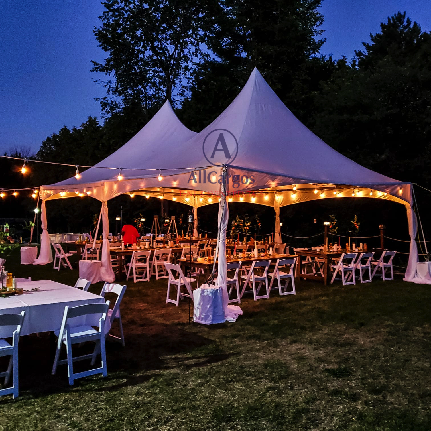 wedding tent setup in backyard with string lights