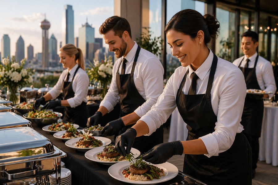 catering staff plating hot meals in wedding kitchen