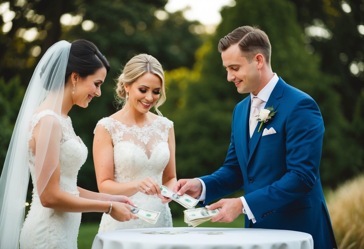 couple handing tip envelopes to catering staff