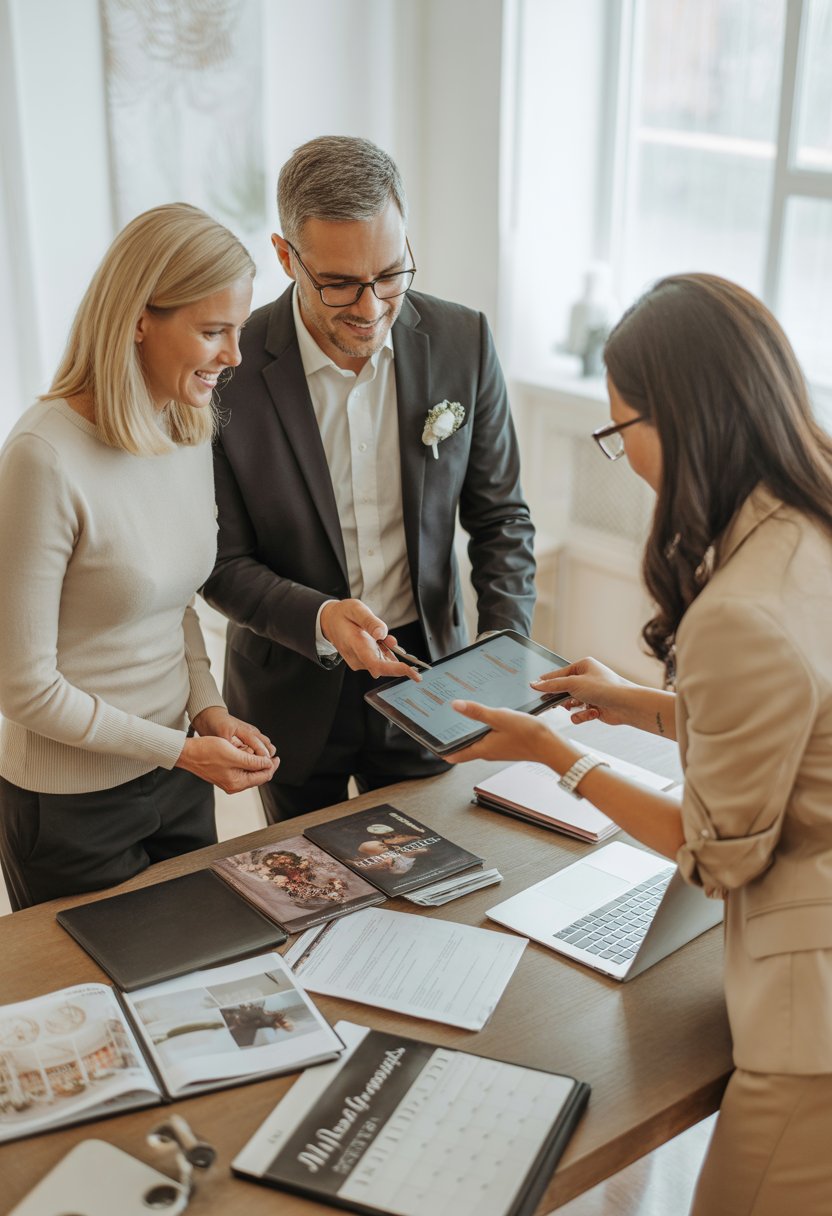 couple reviewing venue contract with planner