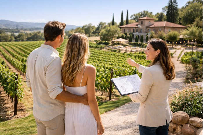 couple touring outdoor wedding venue with planner