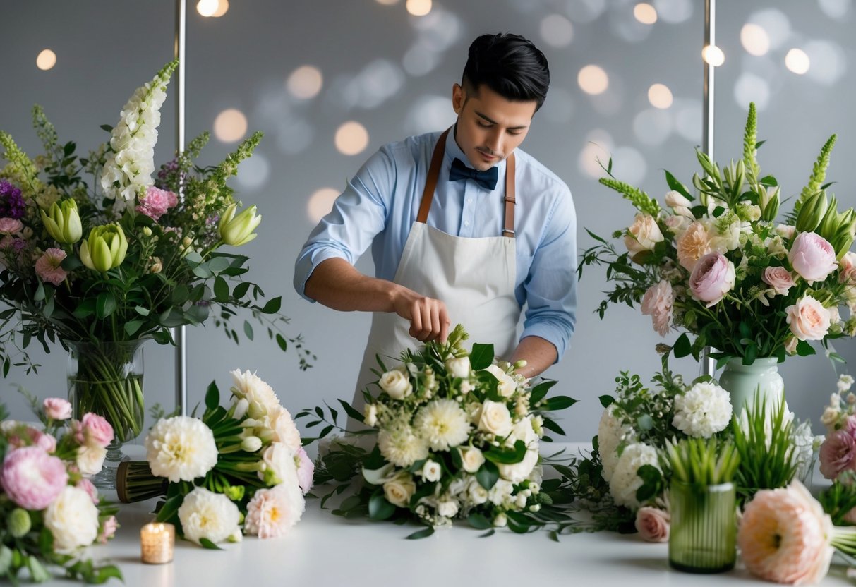 florist arranging wedding centerpieces in studio
