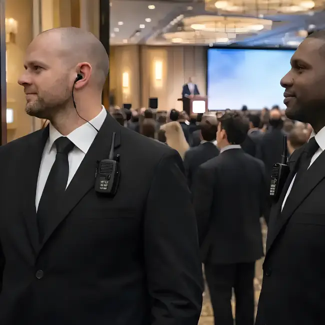 two coordinators with earpieces directing venue setup