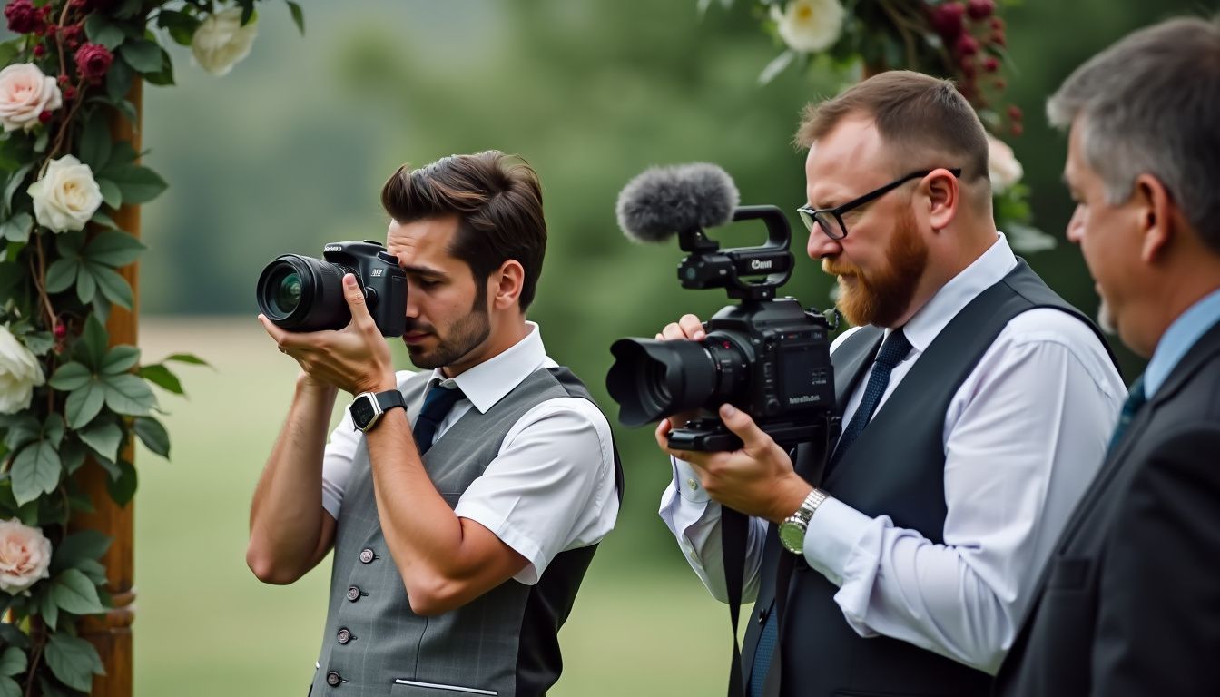 wedding photographer and videographer working at reception