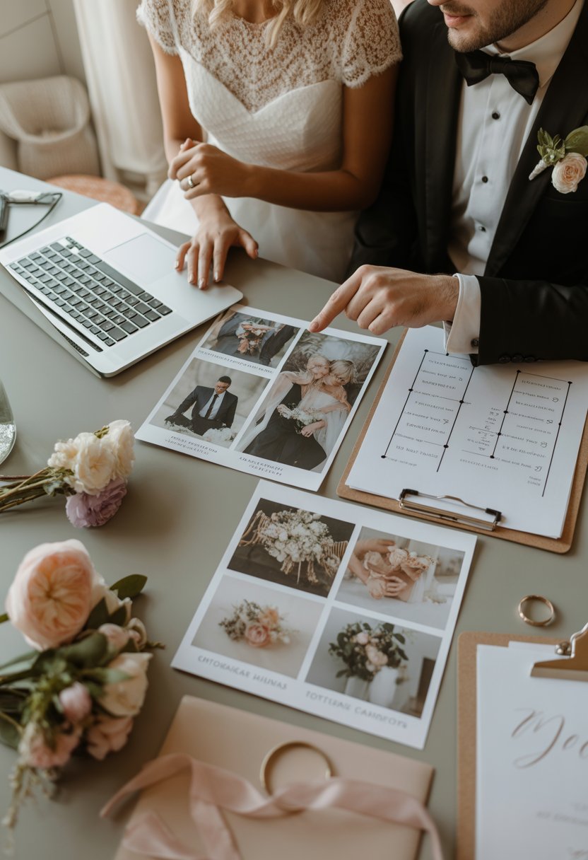 wedding planner reviewing printed timeline with couple