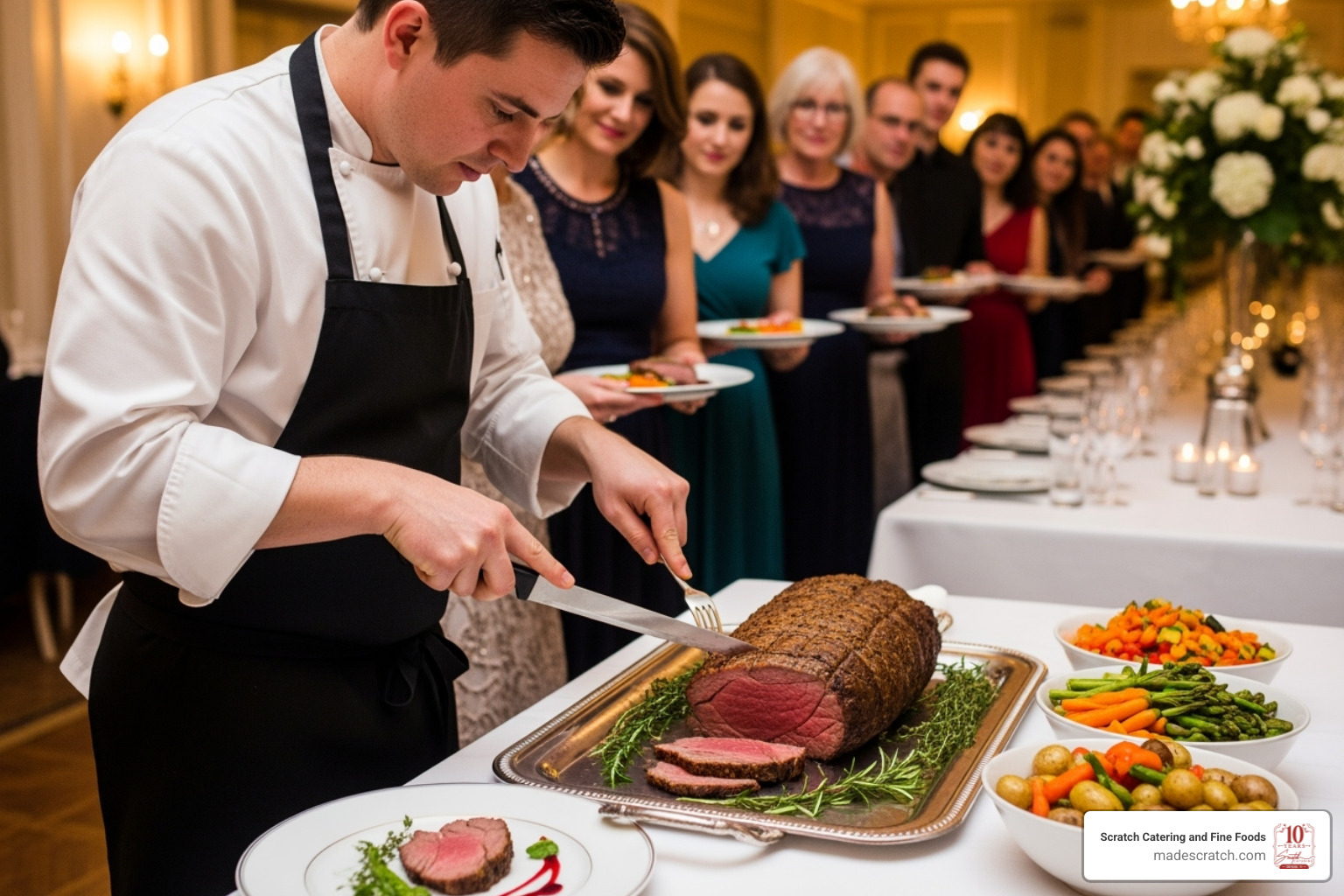 catering staff plating food at wedding reception