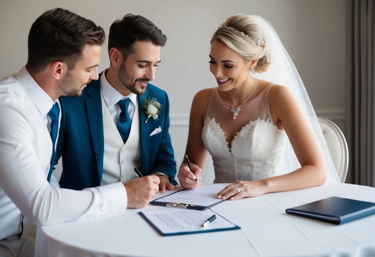 couple reviewing wedding contract with planner at table