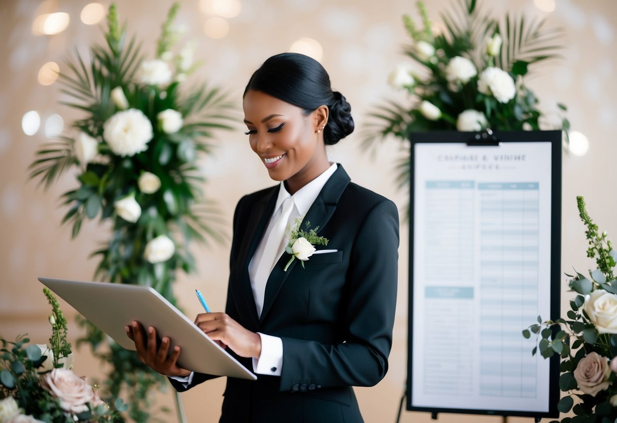 wedding coordinator with clipboard checking venue setup