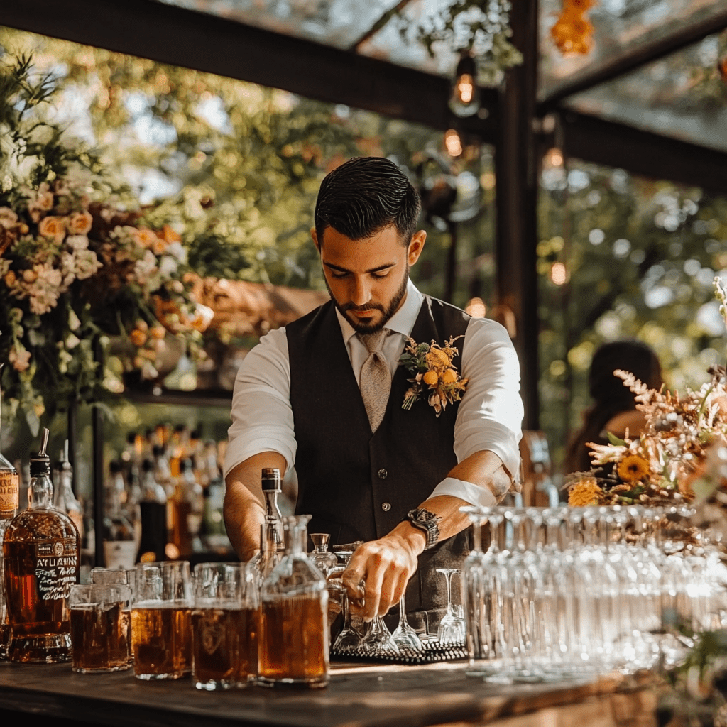 wedding reception bar with bartender pouring cocktails